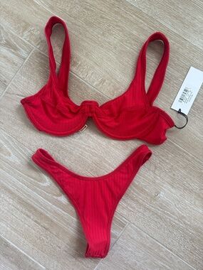 Frankies Bikinis Red Ribbed Underwire Bikini Set
